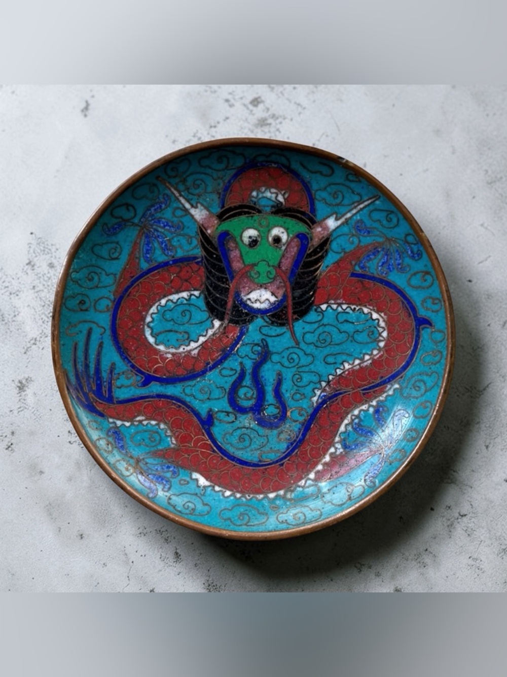 Antique 19th Cent. Chinese Cloisonné Enamel Plate Dish Coaster w/Chinese Dragon